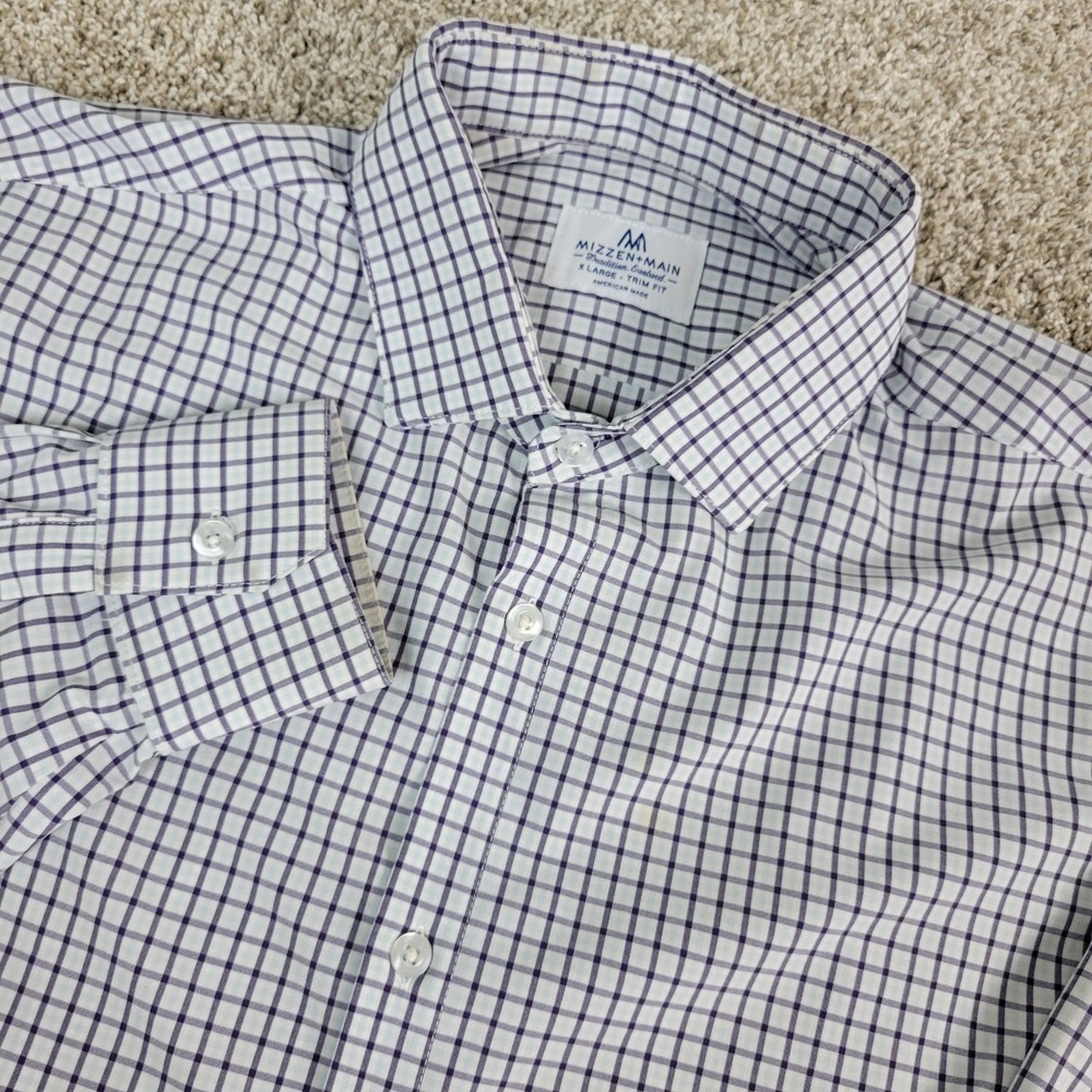 Mizzen + Main Mens XL White Purple Plaid Check Performance Stretch Button Up LS